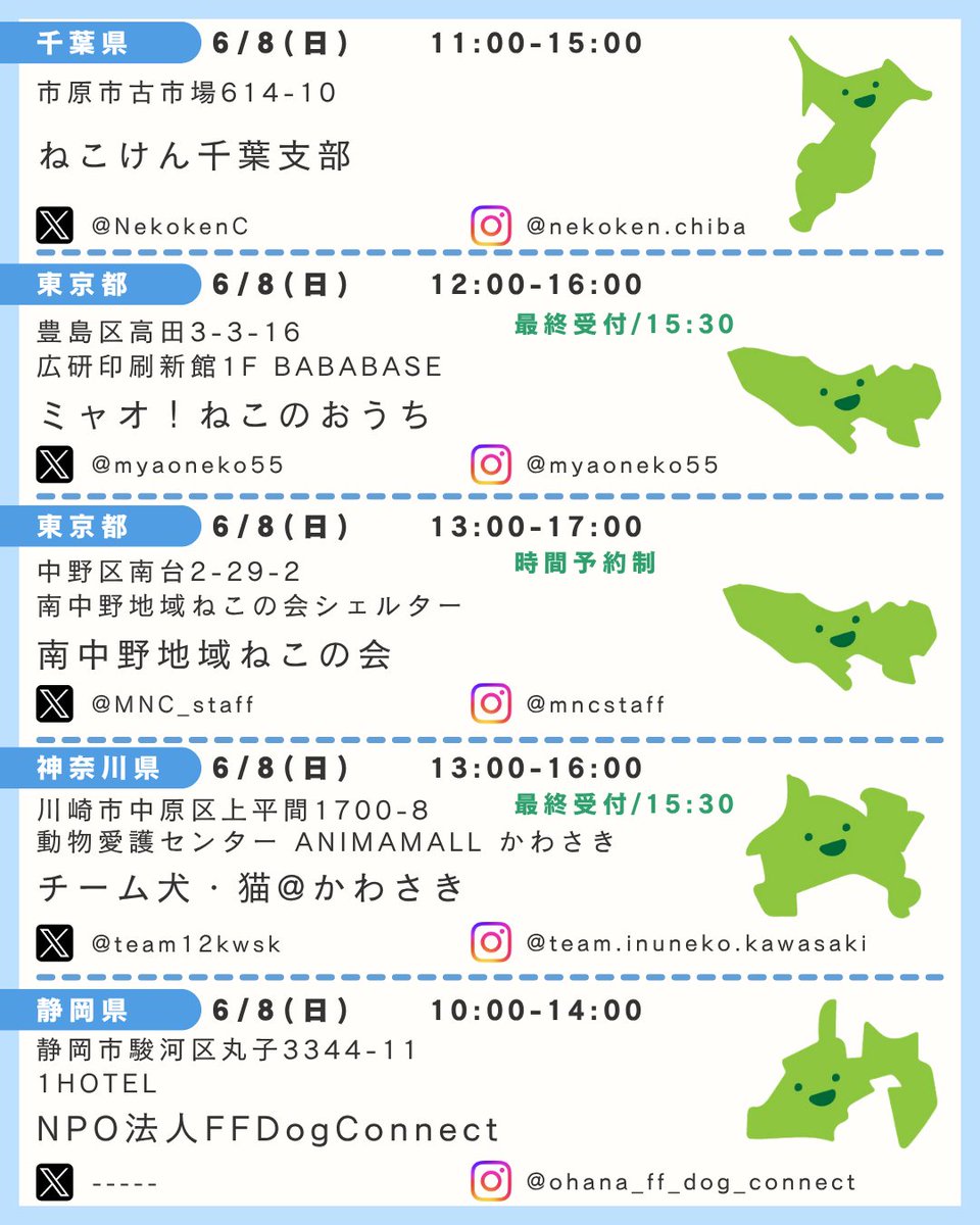 pochi10tama's tweet photo. 6/7 土曜日
┈┈┈┈┈┈┈┈┈  𖤣𖥧𖥣𖡡𖥧𖤣  ┈┈
⭐️千葉県
にゃんハート 様
@CocoRoro_Sako 

⭐️千葉県　花ねこ譲渡会
花ねこ千葉 様 @hananekochiba
😼猫の下僕 様

⭐️東京都
猫の未来とびら譲渡会 様
@nekotobira2018

⭐️大阪府
LiveLife譲渡会 様
@livelifesocion
┈┈┈┈┈┈┈┈┈┈┈┈┈┈┈

6/8 日曜日
┈┈┈┈┈┈┈┈┈  𖤣𖥧𖥣𖡡𖥧𖤣  ┈┈
⭐️山形県
えんたね 様
@entane50

⭐️茨城県
ひたちまちにゃか保護猫里親会 様

⭐️埼玉県　キャンベル動物病院保護猫譲渡会
Itsuowa Nyanpato 様

⭐️埼玉県
とらちゃん本舗 様
@5O3uha

⭐️埼玉県
猫部@のんびり家 様
@nekonono222

⭐️埼玉県
ふじみ野うさぎハウス 様
@koedousagihouse

⭐️千葉県
Life With Cat 様
@LifeWithCat1 

⭐️千葉県
モトニャワタ実行委員会 様
@motonyawata 

⭐️千葉県
ねこけん千葉支部 様
@NekokenC

⭐️東京都
ミャオ！ねこのおうち 様
@myaoneko55

⭐️東京都
南中野地域ねこの会 様
@MNC_staff

⭐️神奈川県
チーム犬・猫@かわさき 様
@team12kwsk

⭐️静岡県
NPO法人FFDogConnect 様