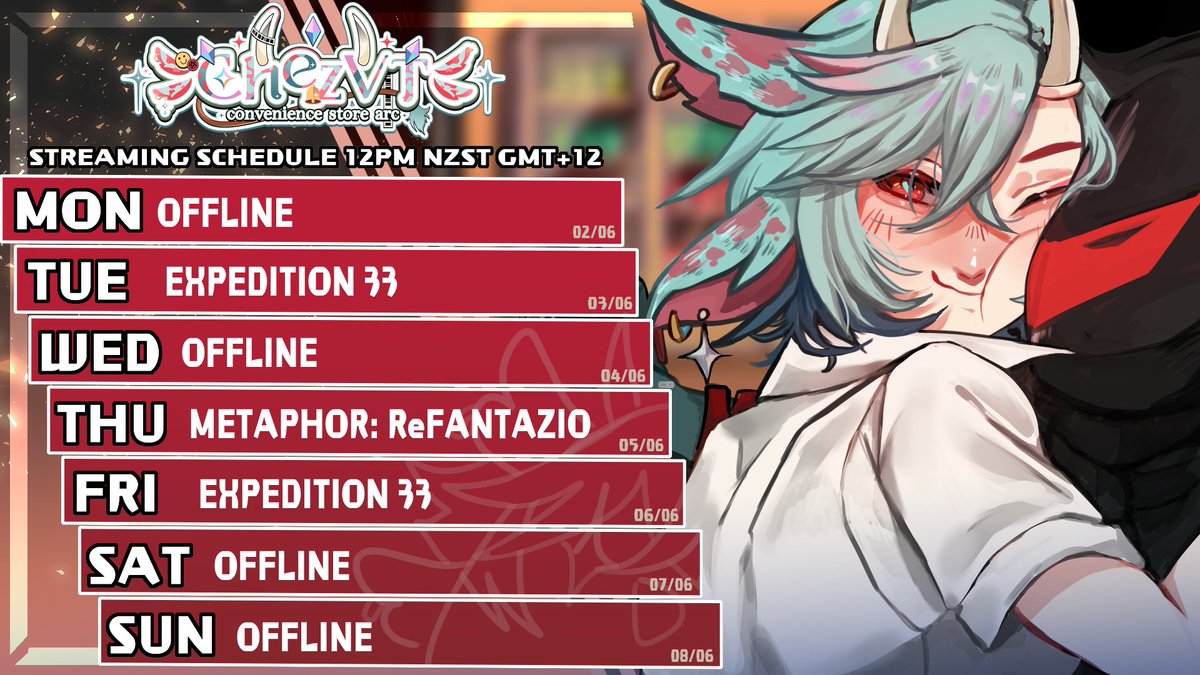 ChezVT's tweet photo. I'm gonna pick up streaming again! Schedule below for the week!
https://t.co/QdrpPlJoP3 https://t.co/9UFp1zGMKA