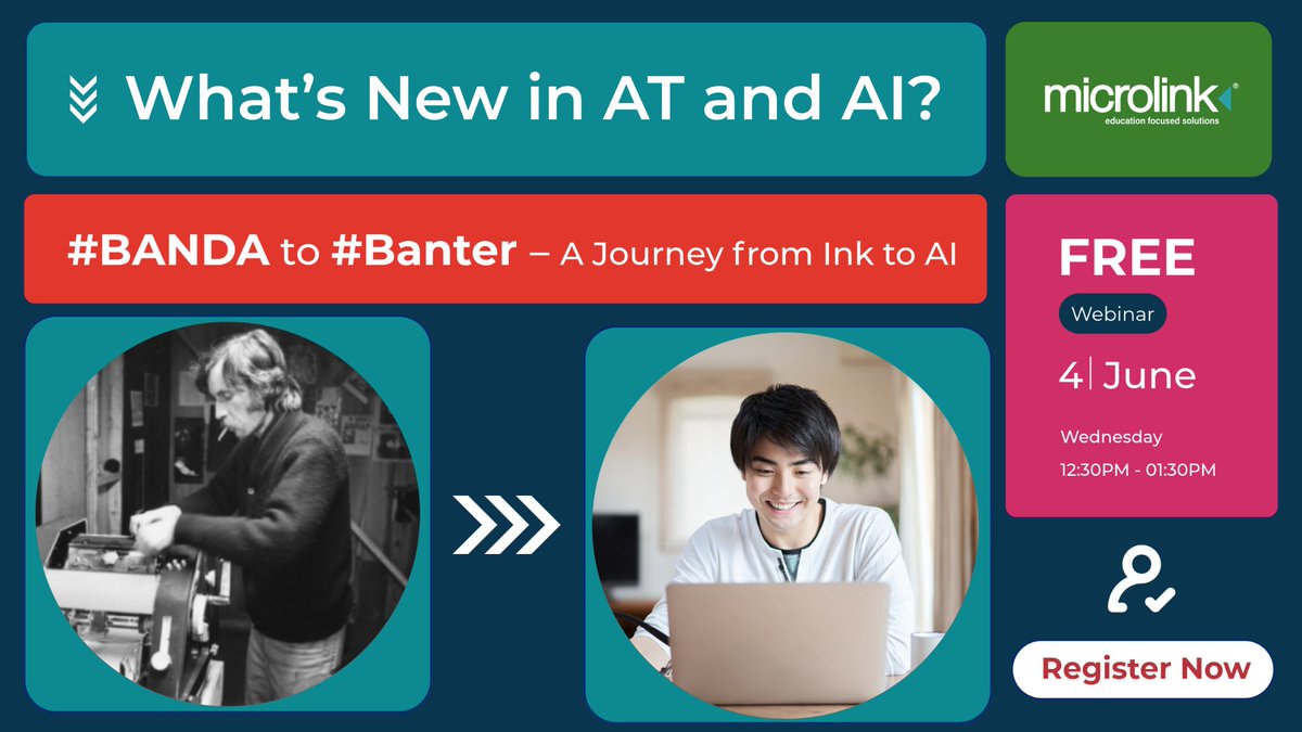 MicrolinkE's tweet photo. Just 2 days to go! 🎉
Join us on June 4th for our FREE webinar: 'What’s new in AT &amp; AI?' 🤖🎓
We’ll explore how #AssistiveTech and #AI are shaping #learning, planning, and support in #education.
Got questions? Bring them along- we’re ready to discuss!
https://t.co/ZD2cE3DISe https://t.co/gIregUsrLO