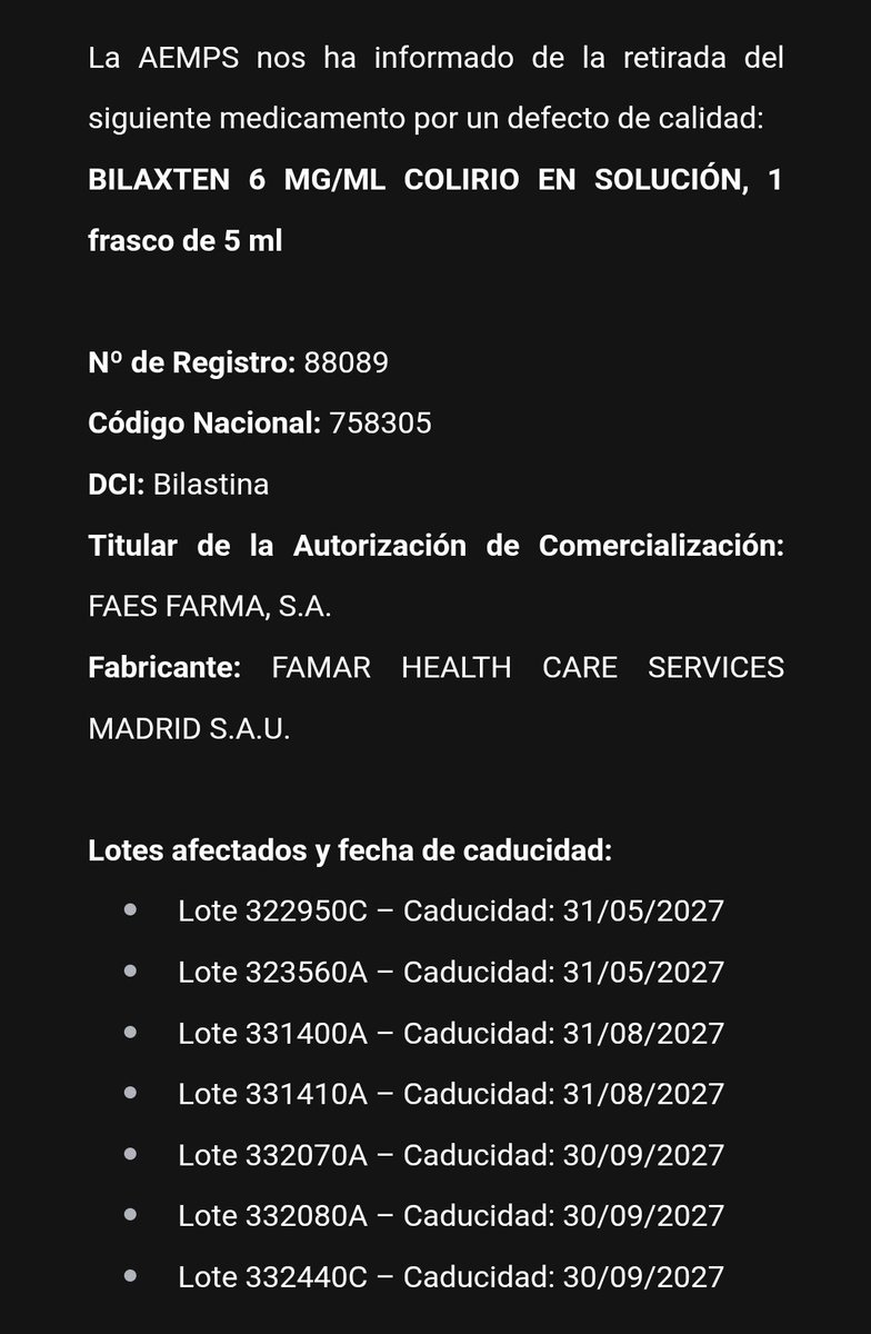 Retirada de lotes de  colirio Bilaxten. No riesgo para el paciente según reporte.