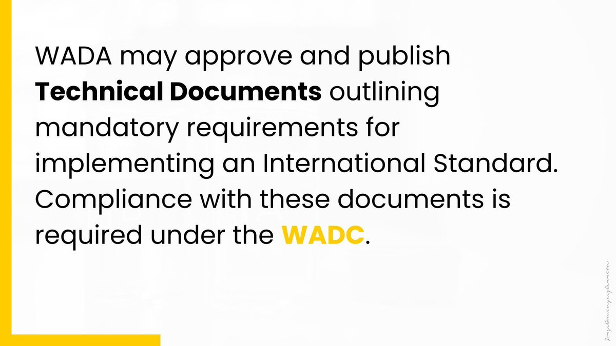 📗 Did you know?

WADA has the authority to endorse and release Technical Documents detailing obligatory guidelines for executing an International Standard. Adhering to these documents is essential under the WADC.

#AntiDoping #SportsIntegrity #CleanSport