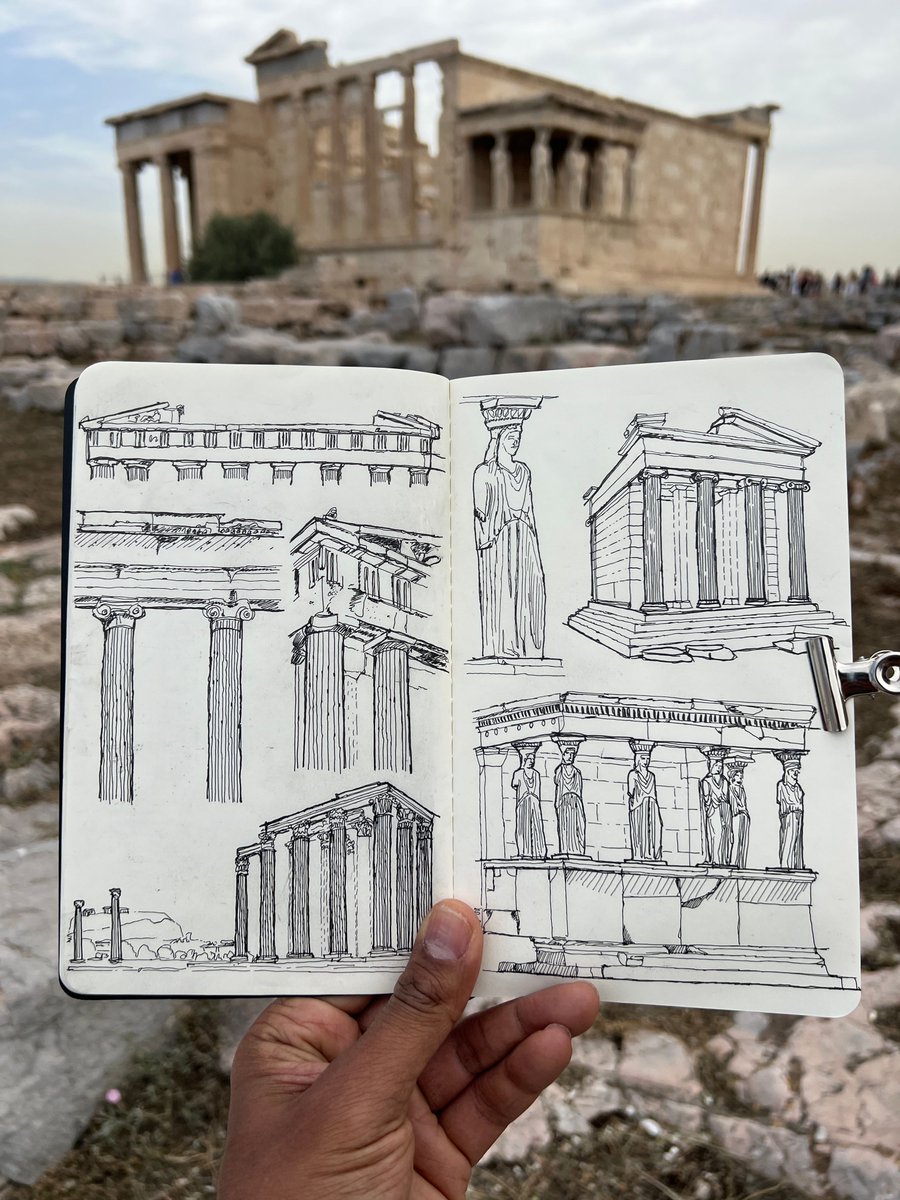 The pillars of the Acropolis, especially at the Temple of Athena Nike and the iconic Caryatids of the Erechtheion. There’s a peaceful calm in tracing the repetitive lines of these ancient columns #Acropolis #AncientGreece #Meditation bit.ly/4kFGV2X