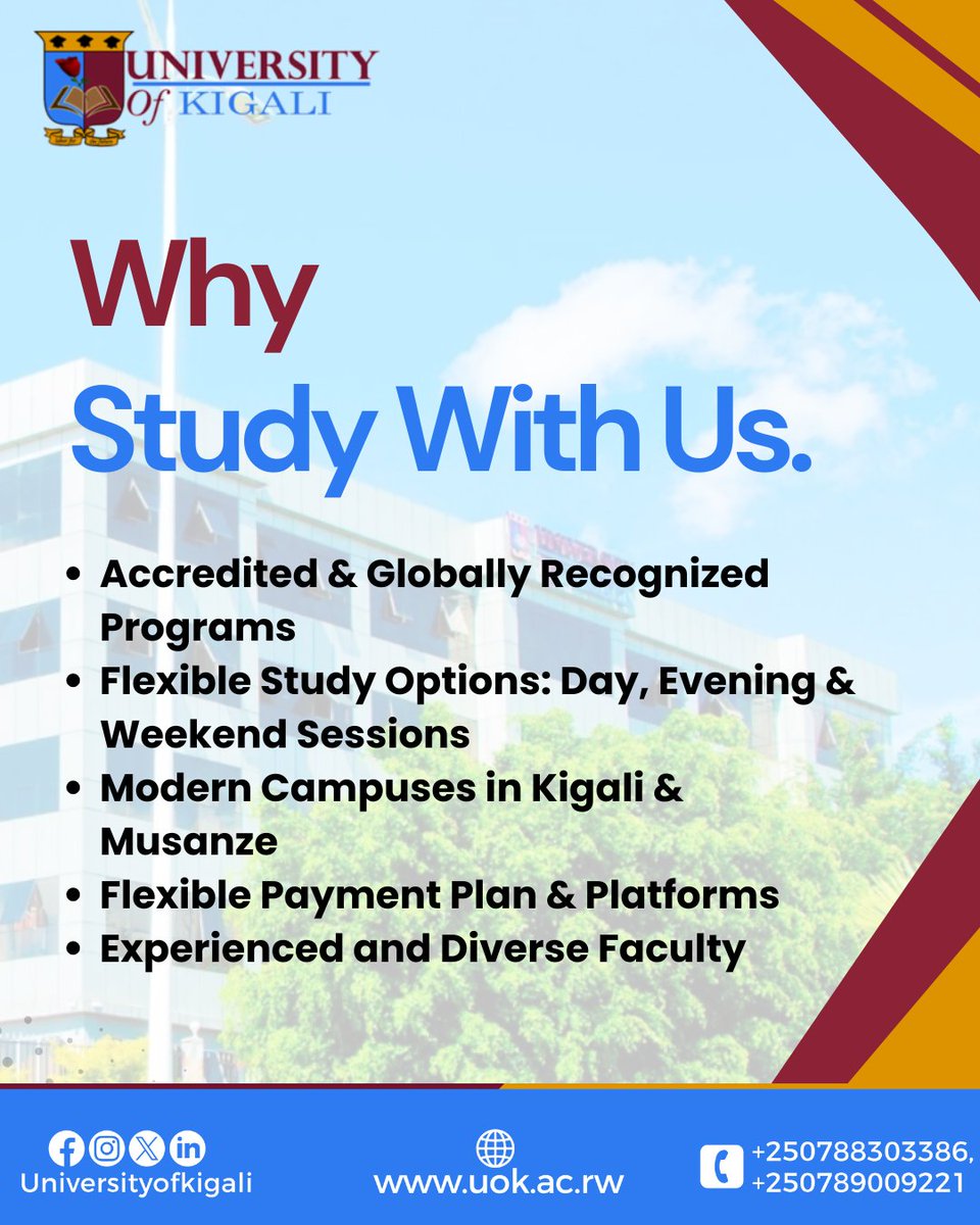 Join a university where academic excellence, global exposure, and career readiness come together to shape tomorrow’s leaders.

#uok #universityofkigali #studywithus #leaders #globalexposure #academicexcellence