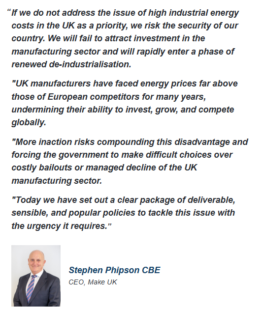 Report from <a href="/MakeUK_/">Make UK</a> shows the critical importance of reducing UK industrial electricity prices. 
This a massive risk to #ukmfg