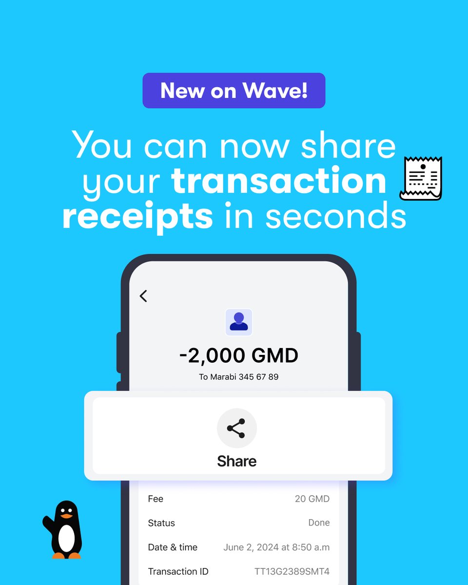No more screenshots 🙅‍♂️

With Wave’s new receipt-sharing feature, you can send proof of payment instantly — without revealing your balance. Privacy and peace of mind, guaranteed. 🔐📩

#WaveGambia #YourMoneyIsYours #Gambia