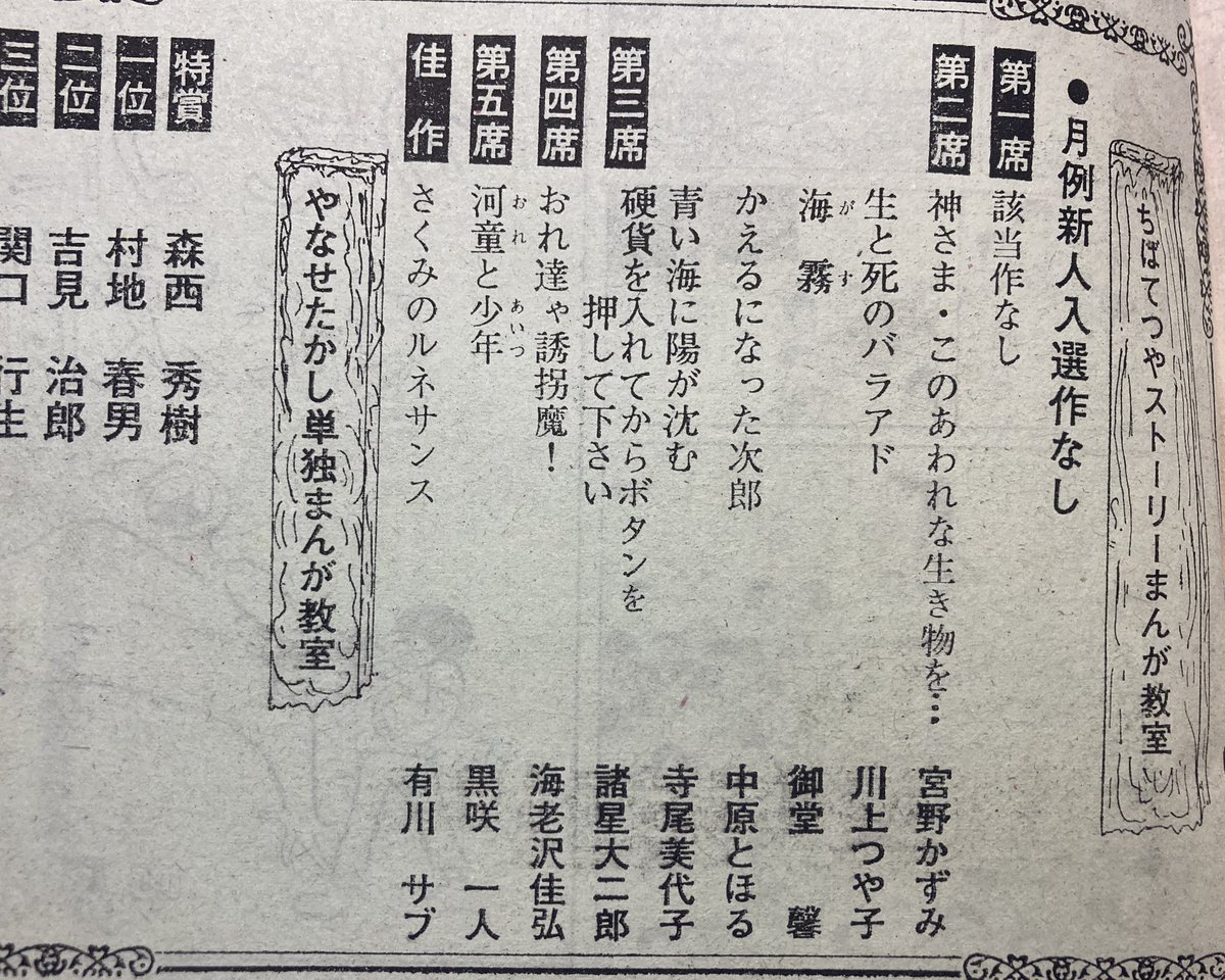 諸星先生がCOMに応募した『硬貨を入れてからボタンを押してください』、1970・5〜6合併号に講評が載ってました。「ちばてつやストーリーまんが教室」って枠組だったのだ。「物語は主人公の空腹からはじまりますが孤独から始めるべきだと思います。絵は線を整理すること」 