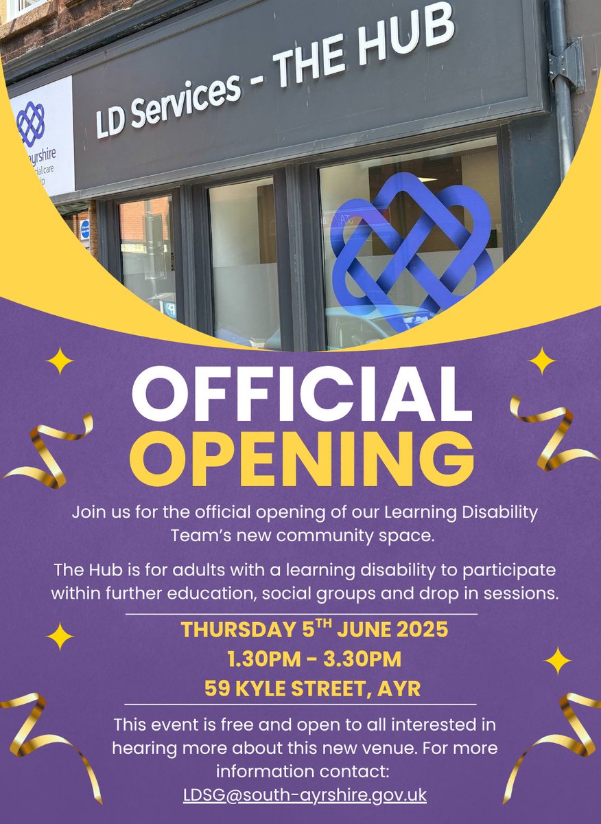 South Ayrshire Health and Social Care Partnership (@sahscp) on Twitter photo Join us for the official opening of our Learning Disability Team’s new community space. The Hub is for adults with a learning disability to participate within further education, social groups and drop in sessions.
For more information contact: LDSG@south-ayrshire.gov.uk Join us for the official opening of our Learning Disability Team’s new community space. The Hub is for adults with a learning disability to participate within further education, social groups and drop in sessions.
For more information contact: LDSG@south-ayrshire.gov.uk