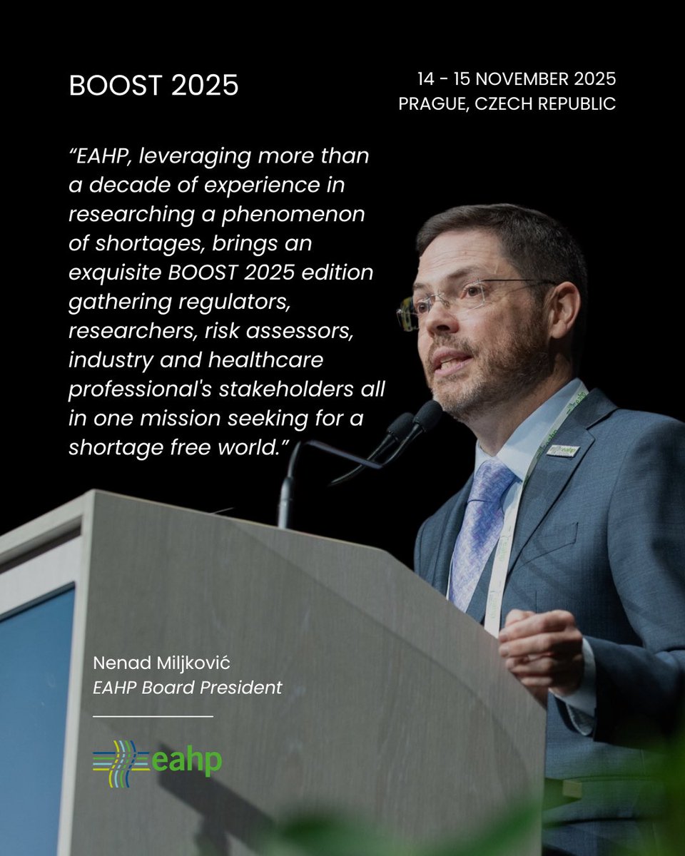 EAHPofficial's tweet photo. 🧪 BOOST 2025 is heading to Prague this Nov!
Join regulators, researchers &amp; healthcare pros to tackle medicine shortages &amp; build lasting solutions.
🗓️ 14–15 Nov 2025
🔗 Register by 30 June: https://t.co/oKiHJBIPro

#HospitalPharmacy #MedicineShortages #EAHP #BOOST2025 https://t.co/IsWoDy0PIv