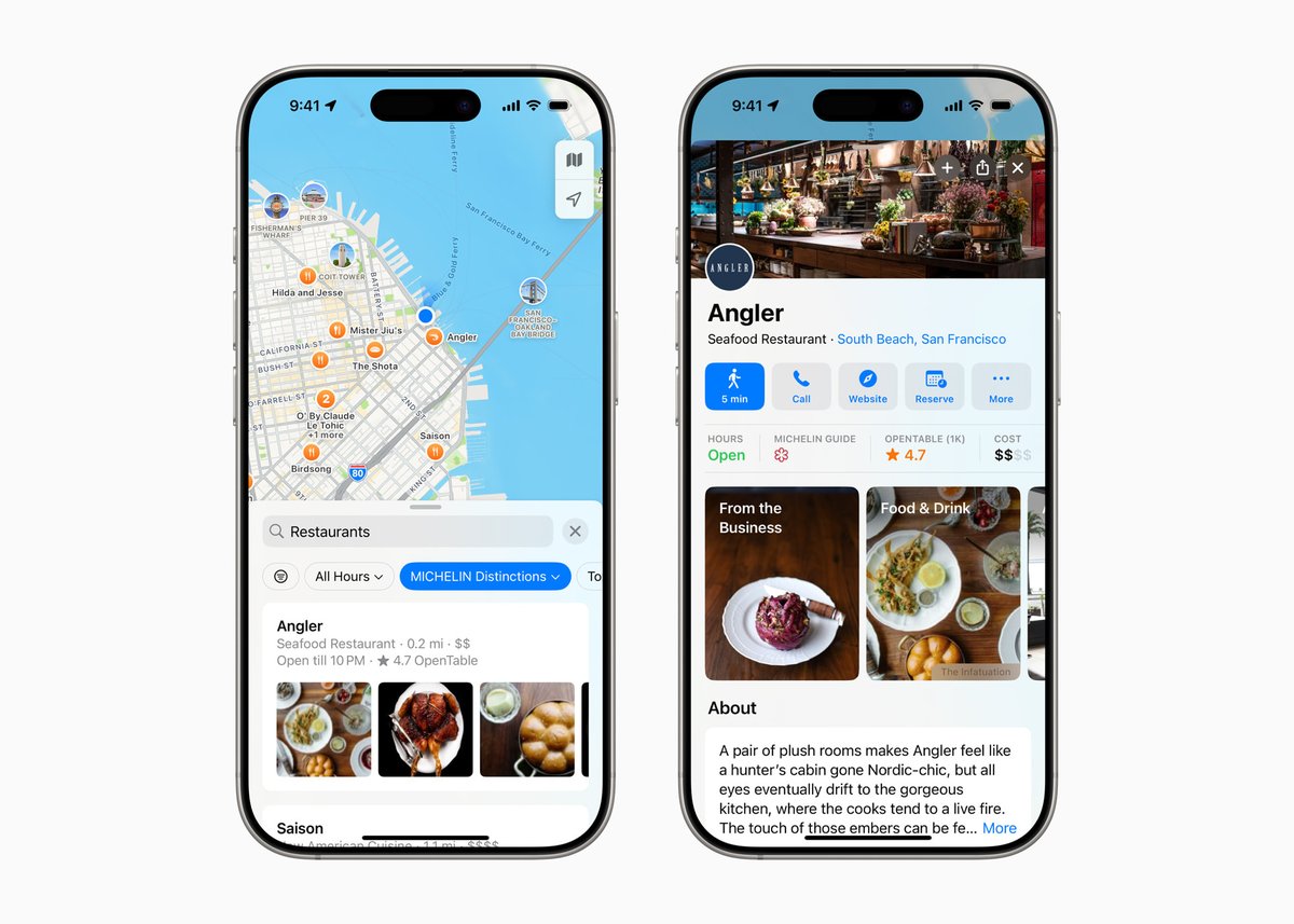 🔎 Apple Maps incluirá reseñas de la guía Michelin 

En un intento de diferenciarse, Apple Maps ha cerrado un acuerdo con Michelin y otros portales especializados en comida como The Infatuation y Golf Digest para incluir sus valoraciones en restaurantes de todo EEUU.