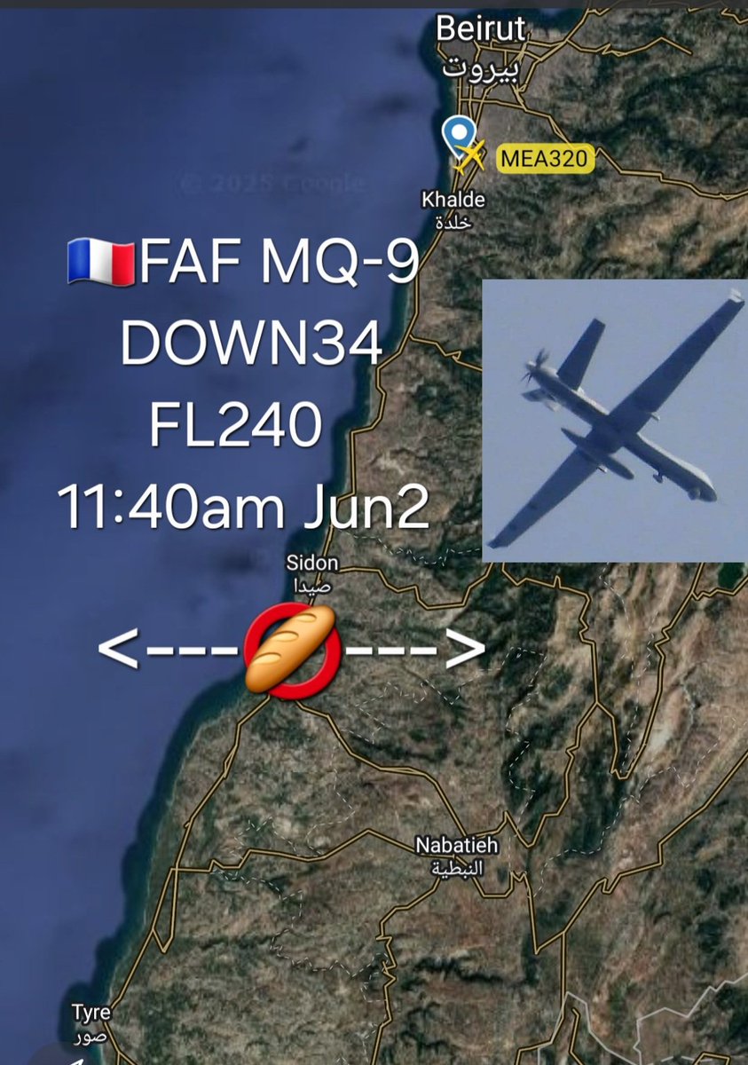 LebanonJets's tweet photo. 11:40am position update for FrenchAirForce MQ-9 #DOWN34 at 24,000ft FL240 in south Lebanon- earlier an "unknown traffic" was reported 20,000ft below it (at only 4,000ft) https://t.co/SzvwGMnijT