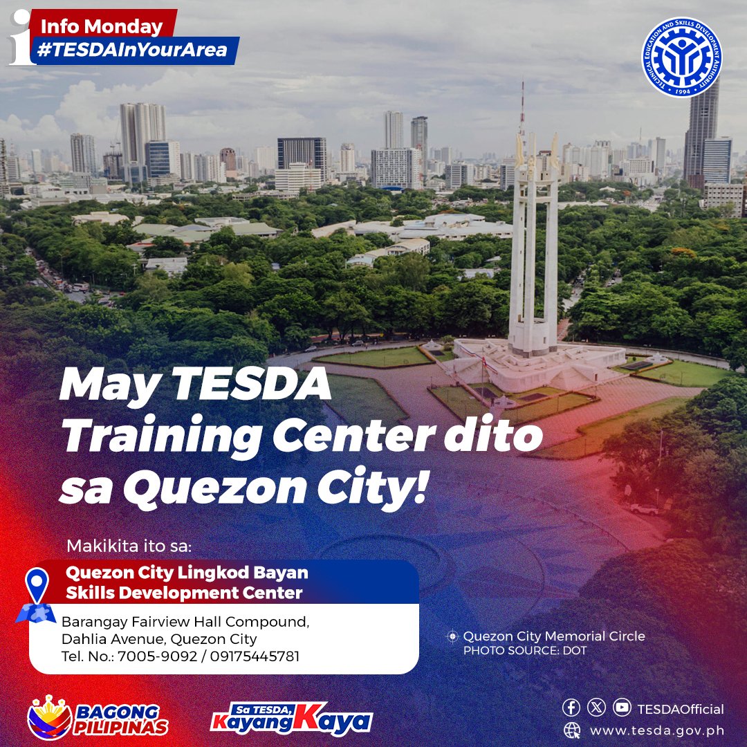 tesdaofficial's tweet photo. Level up your skills, TESDAns!📷

Now is the perfect time to invest in your future. Enroll now at the TESDA Quezon City Lingkod Bayan Skills Development Center and gain practical, job-ready skills for free!📷

#SaTESDAKayangKaya
#InfoMonday
#TESDAInYourArea https://t.co/6eP21GmLNd