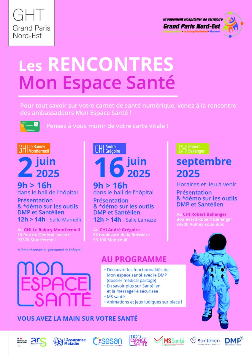 📣[#MONESPACESANTE #GHTGPNE]
👉Retrouvez les journées dédiées aux outils numériques sur nos sites hospitaliers ! 
📌#Outils, #DMP, #santé, découvrez les fonctionnalités de gestion de votre carnet de santé numérique ! 👇