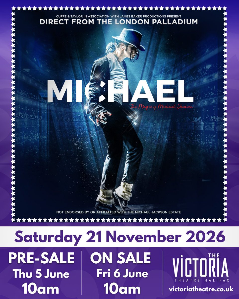 Victoria Theatre Hx (@victheatre) on Twitter photo π’ JUST ANNOUNCED - Michael Starring Ben: The Magic Of #MichaelJackson
ποΈ Sat 21 Nov 2026
Take a journey back in time to remember the man, the music & the magic
ποΈ TIX: tinyurl.com/ymhn2urf
Sign up for PRE-SALE: Thu 5 Jun, 10am
ON-SALE: Fri 6 Jun, 10am
<a href="/CuffeandTaylor/">Cuffe & Taylor</a> π’ JUST ANNOUNCED - Michael Starring Ben: The Magic Of #MichaelJackson
ποΈ Sat 21 Nov 2026
Take a journey back in time to remember the man, the music & the magic
ποΈ TIX: tinyurl.com/ymhn2urf
Sign up for PRE-SALE: Thu 5 Jun, 10am
ON-SALE: Fri 6 Jun, 10am
<a href="/CuffeandTaylor/">Cuffe & Taylor</a>