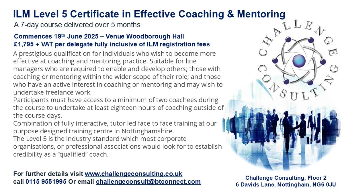 challenge_notts's tweet image. Book now ILM Level 5 Certificate in Effective Coaching & Mentoring course commencing 19th June 2025 - Nottingham - mailchi.mp/0238dc697872/b…