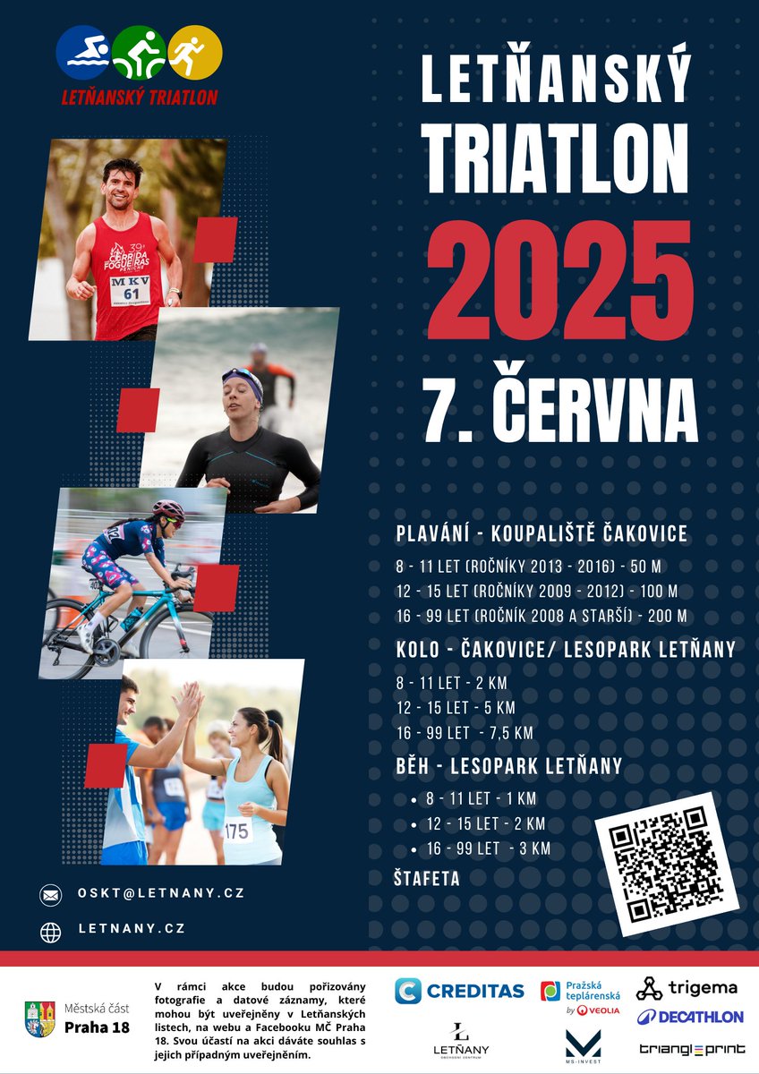 Už tuto sobotu se na vás těšíme na Letňanském triatlonu! 🏃‍♂️🚴‍♀️🏊‍♂️ Přijďte fandit, soutěžit nebo si jen užít sportovní atmosféru. Letňany jedou (a plavou a běží)! 💪 #LetňanskýTriatlon #Letňany #sportujemespolečně