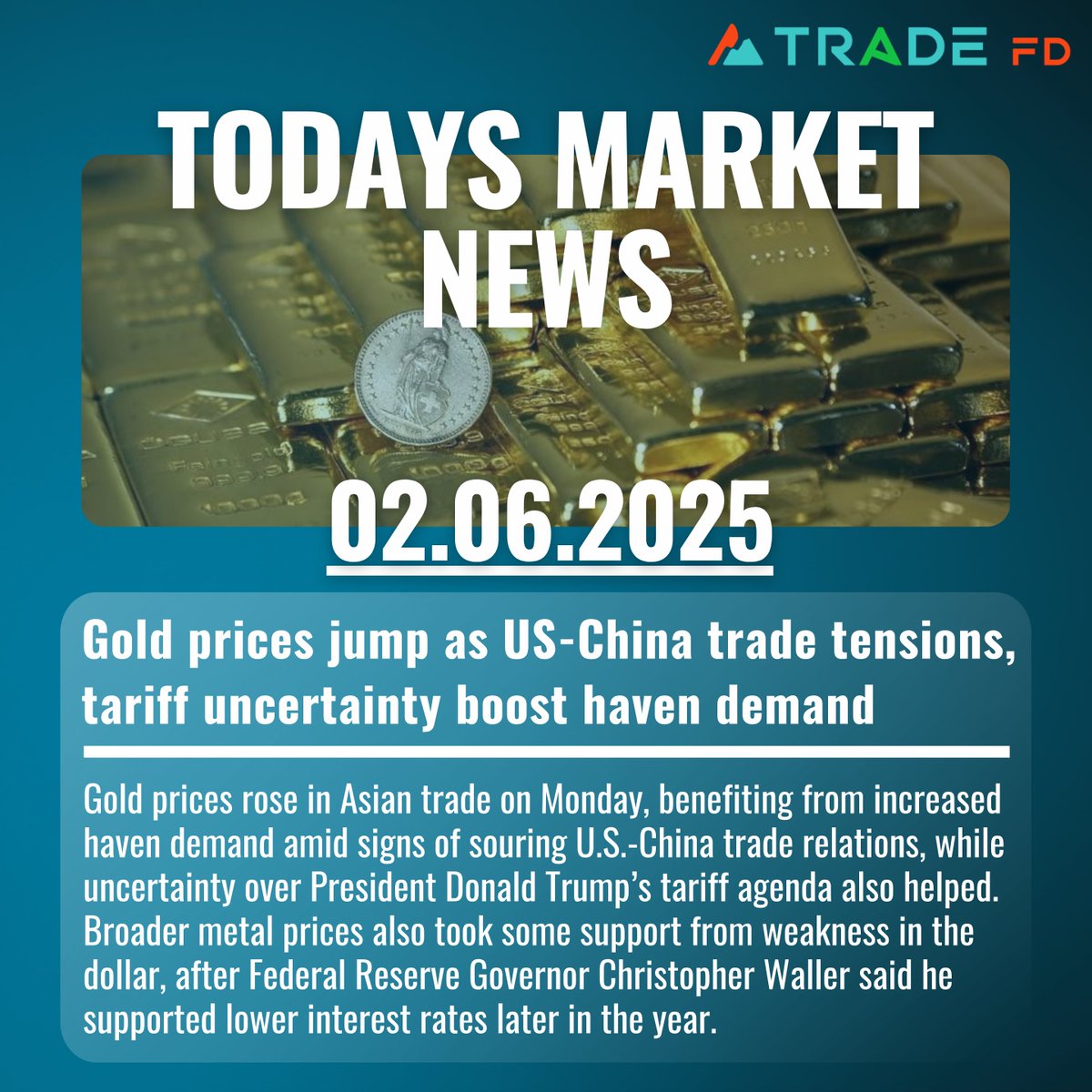 TradeFdsignals's tweet photo. Todays Market News
Gold prices jump as US-China trade tensions, tariff uncertainty boost haven demand
#tipsandsignals #tradesignals #onlinetrading #tradingstrategies #globaltrading #investment #TradingPlatform #traderevolution #forextrading #commodities #Trading #Investing #Stock https://t.co/LDcPq6nFB0