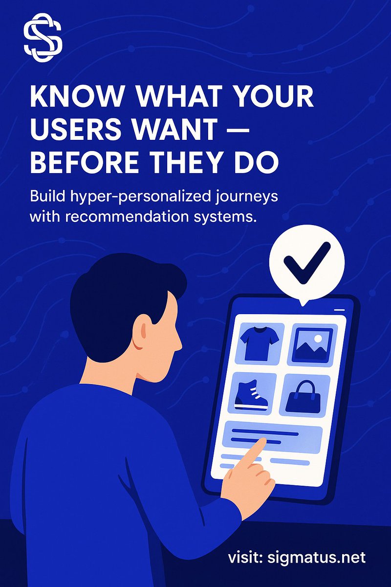 Sigmatus_'s tweet image. From e-commerce to content apps — personalization drives engagement.
Our AI rec engines deliver the right thing, at the right time. #RecommendationEngine #AIinRetail #PersonalizedUX #SigmatusSolutions