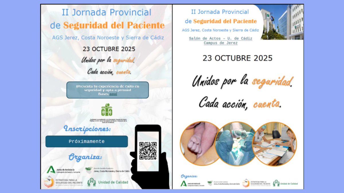 ✳️¡II Jornada Provincial de Seguridad del Paciente en <a href="/ags_nortecadiz/">AGS Jerez, Costa Noroeste y Sierra de Cádiz</a> ! 
🗓️ 23 de octubre de 2025
Nos ponemos en marcha para que puedas disfrutar de la mejor jornada.
 📢"Unidos por la #seguridad. Cada acción, cuenta"
¡Os mantendremos informados!

#SomosAreaJerezCostaSierra
