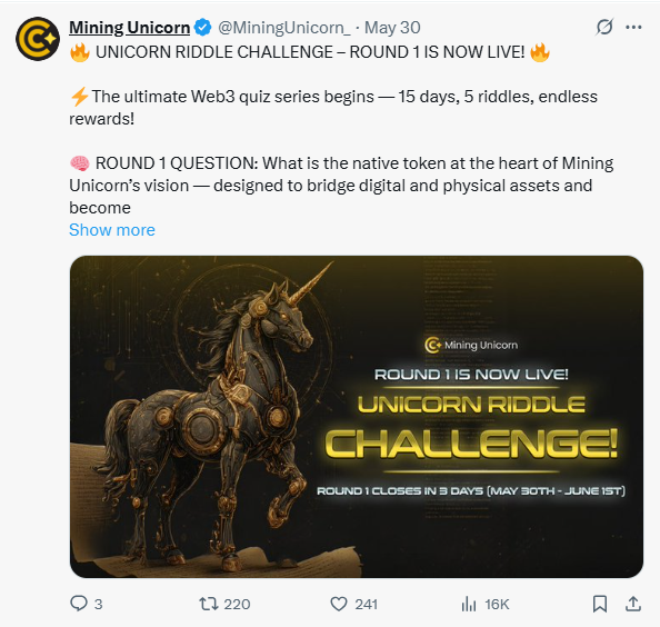 p1x2ss2's tweet photo. 🧠 ROUND 1 QUESTION: What is the native token at the heart of Mining Unicorn’s vision — designed to bridge digital and physical assets and become 
C . Mun 
#UnicornRiddleChallenge #MiningUnicorn #MU https://t.co/JlaPDegYBH