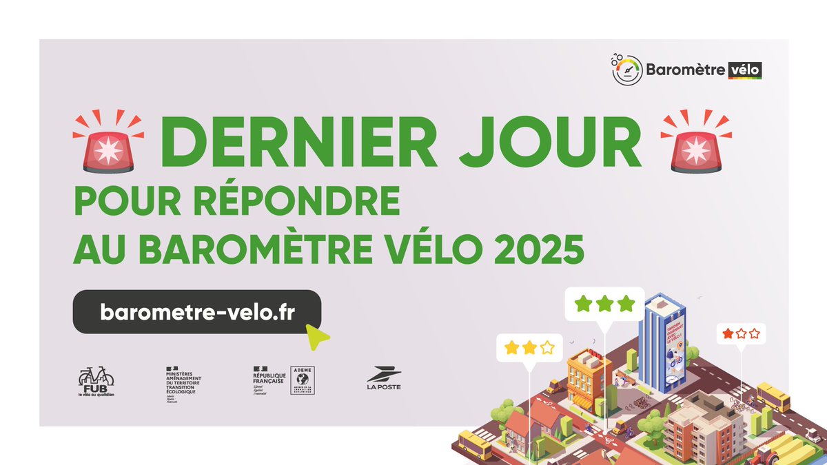 FUB_fr's tweet photo. [#BarometreVelo2025]
🚨DERNIER JOUR POUR RÉPONDRE AU BAROMÈTRE VÉLO 2025🚨
Famille, ami·es, collègues, voisin·es : il est encore temps de partager l'enquête autour de vous pour donner son avis sur le confort et la sécurité du vélo dans sa commune
👉https://t.co/byCc8r5jZg https://t.co/LX4RK70NLk