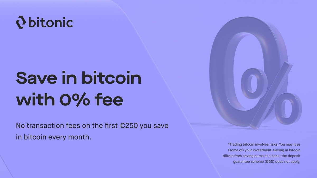 Save in bitcoin with 0% fee!

With Bitonic Savings, you now pay zero transaction fees on the first €250 you save in bitcoin each month.

This applies automatically to all new and existing savings plans.

Create your personal bitcoin savings plan today.

bitonic.nl/news/293