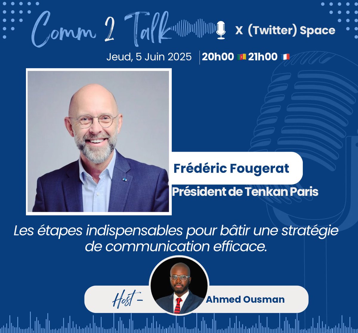 comm2talk's tweet photo. 🎙️ Rendez-vous ce jeudi 5 juin à 20h (🇨🇲) / 21h (🇫🇷) sur #Comm2Talk avec @fredfougerat 

Thème 🔍 : « Les étapes clés d’une stratégie de communication efficace »

🧩 À ne pas manquer !

#Communication #Stratégie https://t.co/86DIngX8Bf