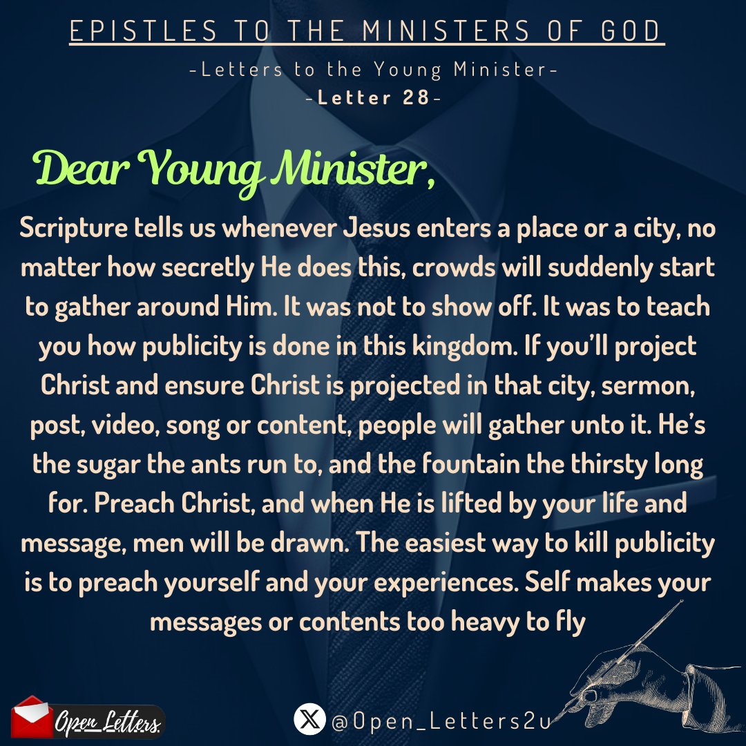 Open_Letters2u's tweet photo. Dear Young Minister,
Jesus is the greatest publicity hack. Nevertheless don't use Him as a tool to get famous. Always project Christ!

#Trending #Motivation #jesuspeople https://t.co/MPs1Coqz6C
