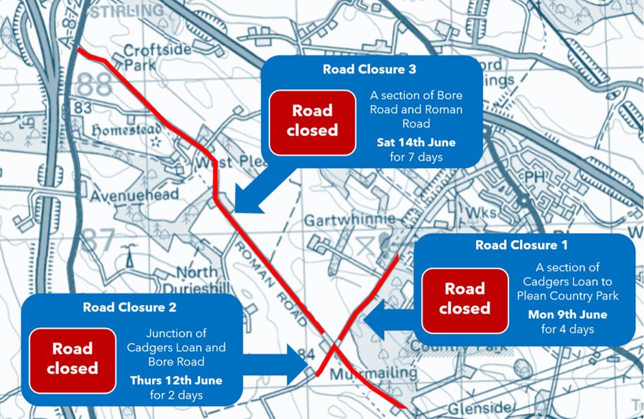 🚧 Road closures in Durieshill, Plean from 9 June as we carrying out investigatory works to support community growth. 

Locations: Cadgers Loan, Bore Rd &amp; Roman Rd. 

Thanks for your patience. 💧