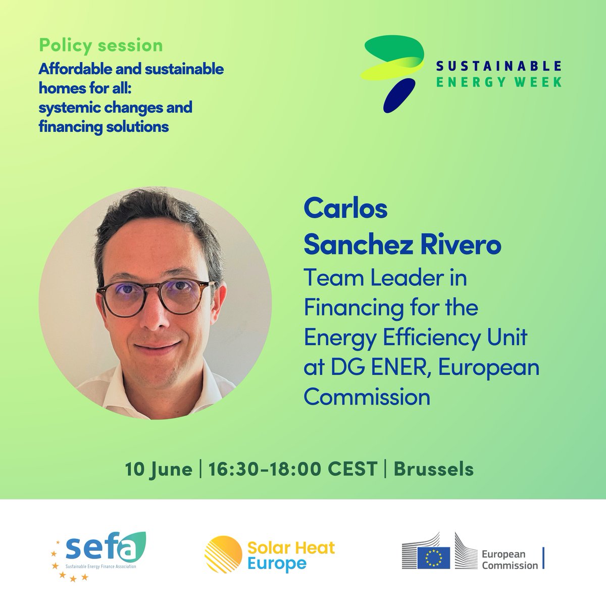 We're pleased to welcome Carlos Rivero <a href="/carlosanriv/">Carlos Sánchez Rivero</a>   Team Leader for Financing in the Energy Efficiency Unit at DG ENER, European Commission to our #EUSEW2025 policy session!
📅 10 June 2025
🕟 16:30 – 18:00CEST
📍 Charlemagne Building, Mansholt Room, Rue de la Loi 170, Brussels