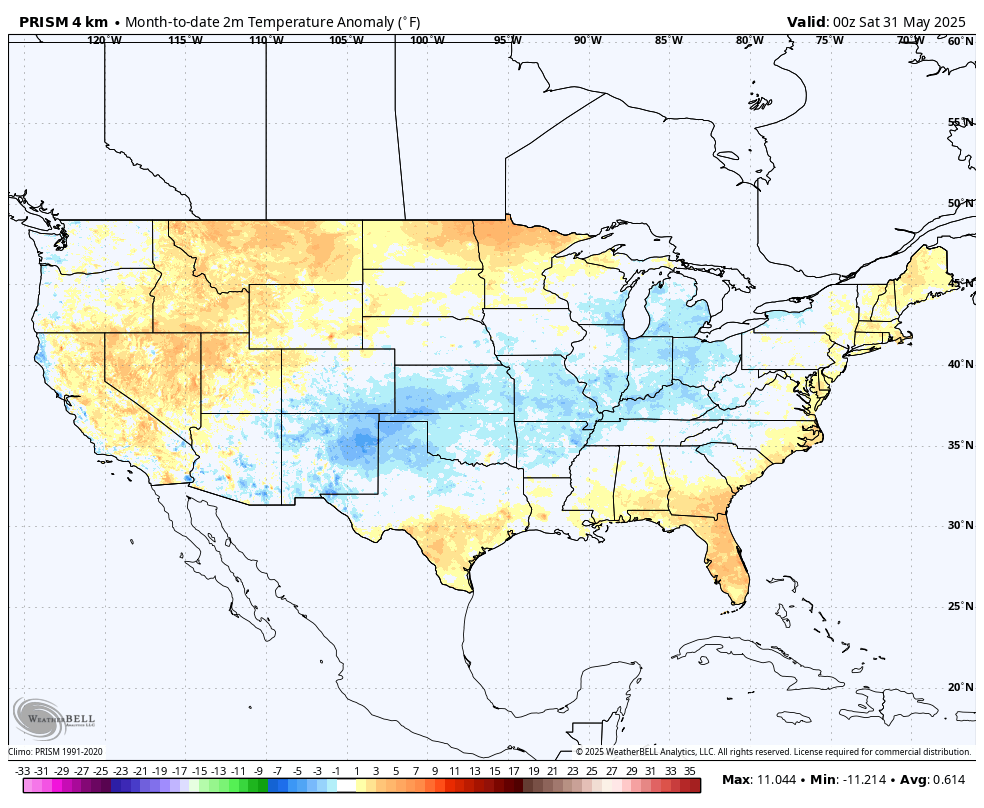 40 years of global warming down the drain: May 2025 closes out cooler than May 1985 in the US. Even 40 years of  urban heat island effect couldn't cover for the emissions-driven warming hoax.