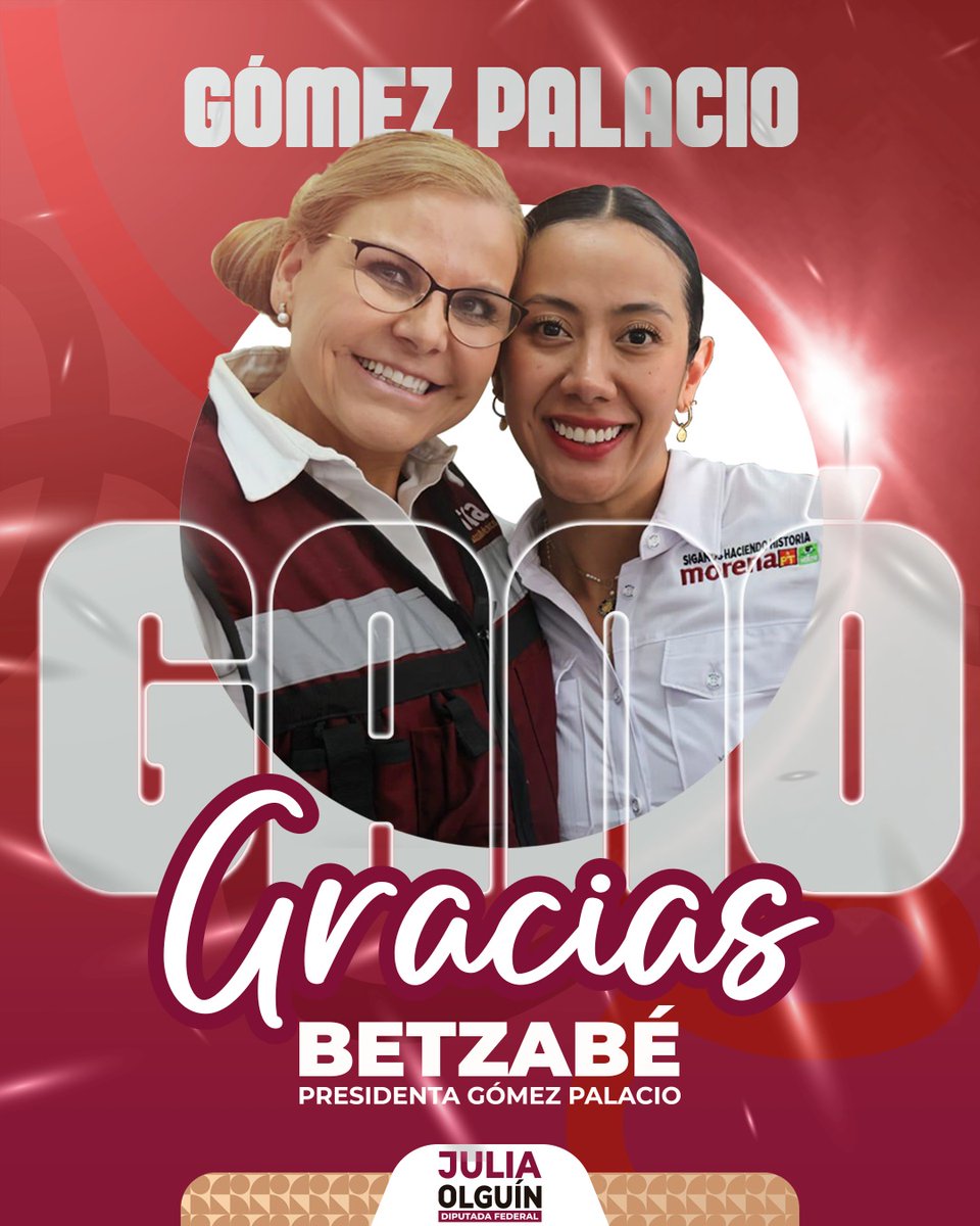 Julia Olguín (@juliaaolguin) on Twitter photo Gracias al esfuerzo, la dedicación y el compromiso con la gente, celebramos el triunfo de <a href="/BetzabeMtzA/">Betzabé Martínez Arango</a> como Presidenta de Gómez Palacio.
¡La transformación sigue avanzando, con paso firme y con la fuerza de la esperanza! Gracias al esfuerzo, la dedicación y el compromiso con la gente, celebramos el triunfo de <a href="/BetzabeMtzA/">Betzabé Martínez Arango</a> como Presidenta de Gómez Palacio.
¡La transformación sigue avanzando, con paso firme y con la fuerza de la esperanza!