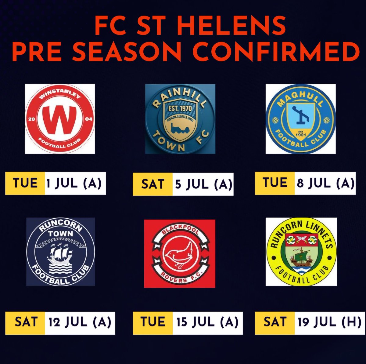F C St.Helens (@fcsthelens) on Twitter photo OUR PRE SEASON CONFIRMED 🔴⚪️
Costa Del Winstanley, Rainhill, Maghull, Runcorn & Blackpool before hosting <a href="/RuncornLinnets/">Runcorn Linnets FC</a> at SMS Pro Soccer Park on Saturday 19th July 3pm ko 🌞
Get them in ya diary & see you all very soon!
#UpTheStripes #BetterTogether OUR PRE SEASON CONFIRMED 🔴⚪️
Costa Del Winstanley, Rainhill, Maghull, Runcorn & Blackpool before hosting <a href="/RuncornLinnets/">Runcorn Linnets FC</a> at SMS Pro Soccer Park on Saturday 19th July 3pm ko 🌞
Get them in ya diary & see you all very soon!
#UpTheStripes #BetterTogether