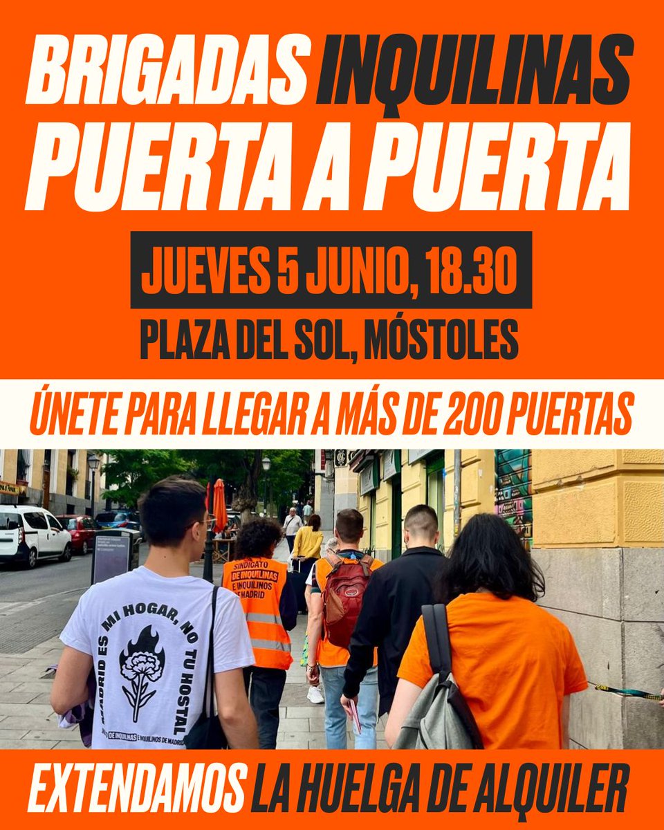 ¡Ayúdanos este jueves con un puerta-a-puerta en 📍MÓSTOLES!‼️
🔥Extendamos la huelga contra Blackstone, el mayor casero del estado.🔥
Únete y participa para llegar a más de 500 hogares inquilinos 🏙️🔥