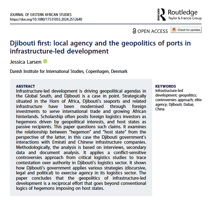 JEAS (@jeasjournal) on Twitter photo Now online (Open Access):
#Djibouti first: local agency and the geopolitics of ports in infrastructure-led development
by Jessica Larsen
doi.org/10.1080/175310… Now online (Open Access):
#Djibouti first: local agency and the geopolitics of ports in infrastructure-led development
by Jessica Larsen
doi.org/10.1080/175310…