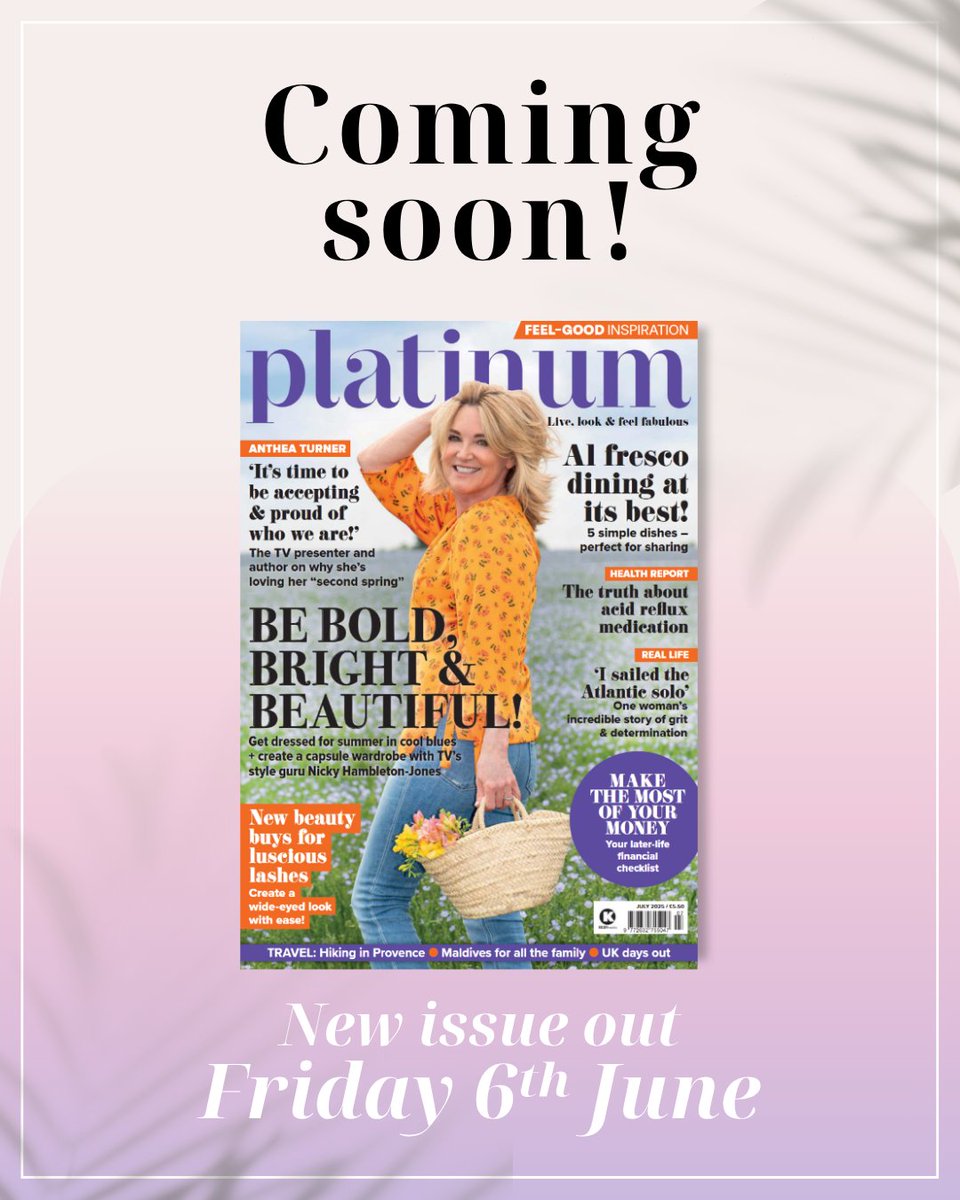 What's coming up in the next issue of Platinum? ✨
⁠⁠
Our July issue stars Anthea Turner on staying healthy and happy for as long as possible, plus great garden ideas, al fresco recipes, holiday wines, travel ideas, and more!
⁠
Keep an eye out from Friday for the issue!