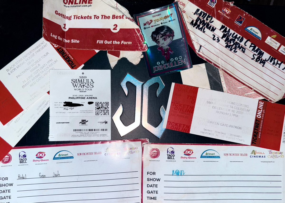 May nagtatampong tropa wala daw thank you, dito na lang ako mag t-thank you para sweet 🤮

Nawala na ung ibang ticket pero simula 2019 nakatabi lahat yan. Thank you mamen <a href="/JoshCullen_s/">JOSH CULLEN</a> palagi. Sana next time malapit na ulit ung ticket HAHAHA

Ingat kayo sa tour, labyu esbi! 🫡