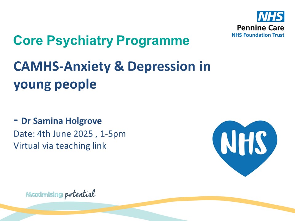 Pennine Care Medical Education (@penninemeded) on Twitter photo Dont Miss this Wednesdays teaching session on "Anxiety & Depression in young people" 1-5pm, via virtual teaching link, 4th june 2025, Delivered by Dr Holgrove <a href="/PennineCareNHS/">Pennine Care NHS FT</a> Dont Miss this Wednesdays teaching session on "Anxiety & Depression in young people" 1-5pm, via virtual teaching link, 4th june 2025, Delivered by Dr Holgrove <a href="/PennineCareNHS/">Pennine Care NHS FT</a>