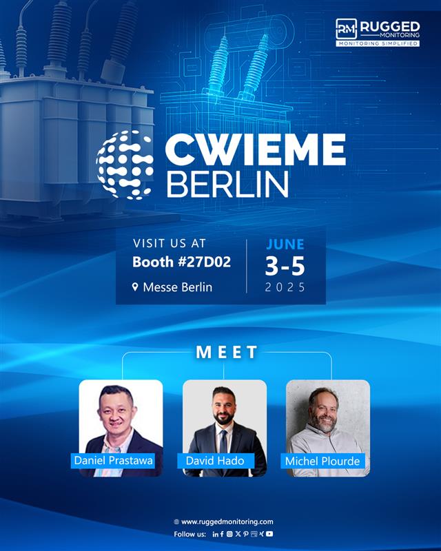 Rugged Monitoring is at CWIEME Berlin 2025! Visit Booth #27D02 (June 3–5) to explore our cutting-edge solutions for monitoring transformers, motors &amp; HV systems. Meet David Hado, Daniel Prastawa &amp; Michael Plourde. Let’s shape the future together!

#CWIEMEBerlin #RuggedMonitoring