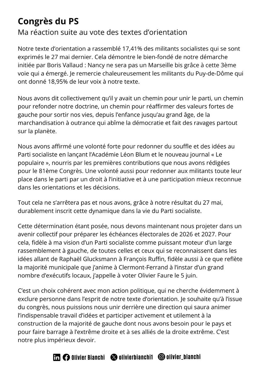 Olivier Bianchi (@olivierbianchi1) on Twitter photo 🌹 Avec <a href="/BorisVallaud/">Boris VALLAUD</a>, notre texte a rassemblé 17,4% des voix. Une 3ème voie émerge pour unir le PS.
Fidèle à la dynamique d'union que nous menons à #ClermontFerrand, j’appelle à voter Olivier Faure le 5 juin pour construire un projet solide. 🌹 Avec <a href="/BorisVallaud/">Boris VALLAUD</a>, notre texte a rassemblé 17,4% des voix. Une 3ème voie émerge pour unir le PS.
Fidèle à la dynamique d'union que nous menons à #ClermontFerrand, j’appelle à voter Olivier Faure le 5 juin pour construire un projet solide.