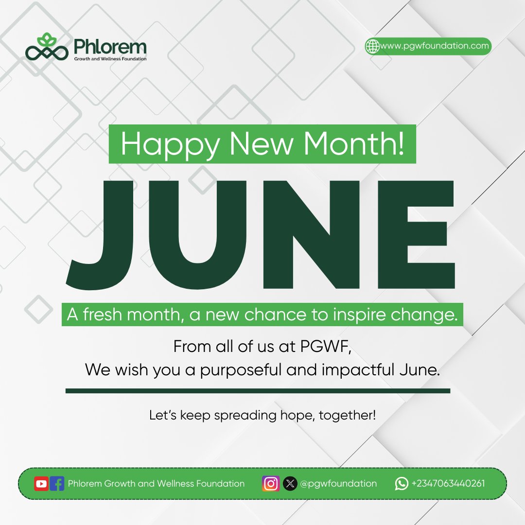 🌱 Hello, June!
A new month, a fresh opportunity to grow, give, and inspire 🌟
Let’s spread purpose, positivity &amp; hope  together. 💚
#HappyNewMonth #JuneVibes #InspireChange #PGWF #MentalHealthAwareness #CommunitySupport #WellnessJourney🔗 pgwfoundation.com