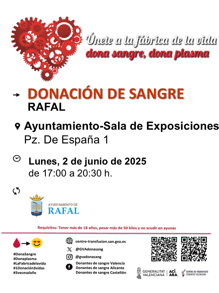 📌💉¡¡ATENTOS!! Donación de #sangre en la #VegaBaja. Se necesitan en la provincia de Alicante 250 unidades diarias de sangre. Acercaos hoy a #Rojales #CallosaDeSegura o #Rafal.
📰Más detalles👉todoculturavegabaja.es
<a href="/GVAsanitat/">GVA Sanitat</a> <a href="/GVAdonasang/">GVA Dona Sang</a> <a href="/AytoRojales/">Ayto de Rojales</a> <a href="/Ayto_Callosa/">Ayuntamiento de Callosa de Segura</a> <a href="/AytoRafal/">Ayuntamiento Rafal</a>