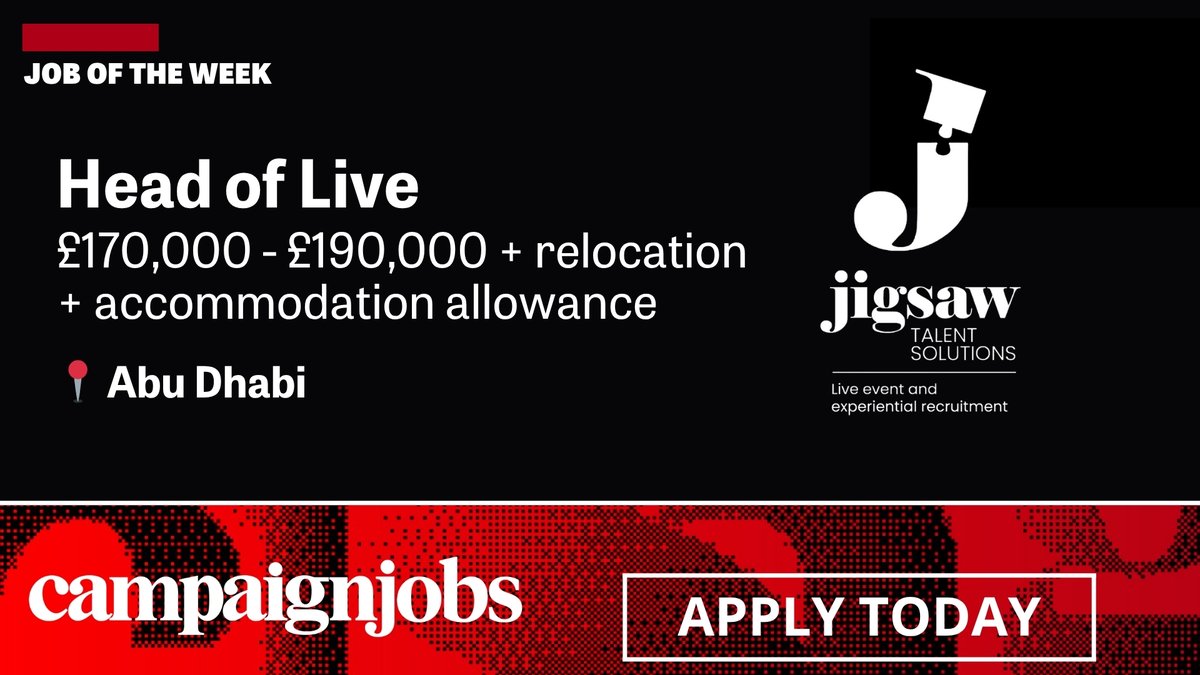 Fancy moving to Abu Dhabi? 🇦🇪

<a href="/jigsaw_ts/">Jigsaw Talent Solutions</a> is hiring for a Head of Live on behalf of their client, a leading live events and creative production agency delivering large-scale, high-impact projects across the UAE.

 ✅ Apply now: campaignlive.co.uk/jobs/job/15687…