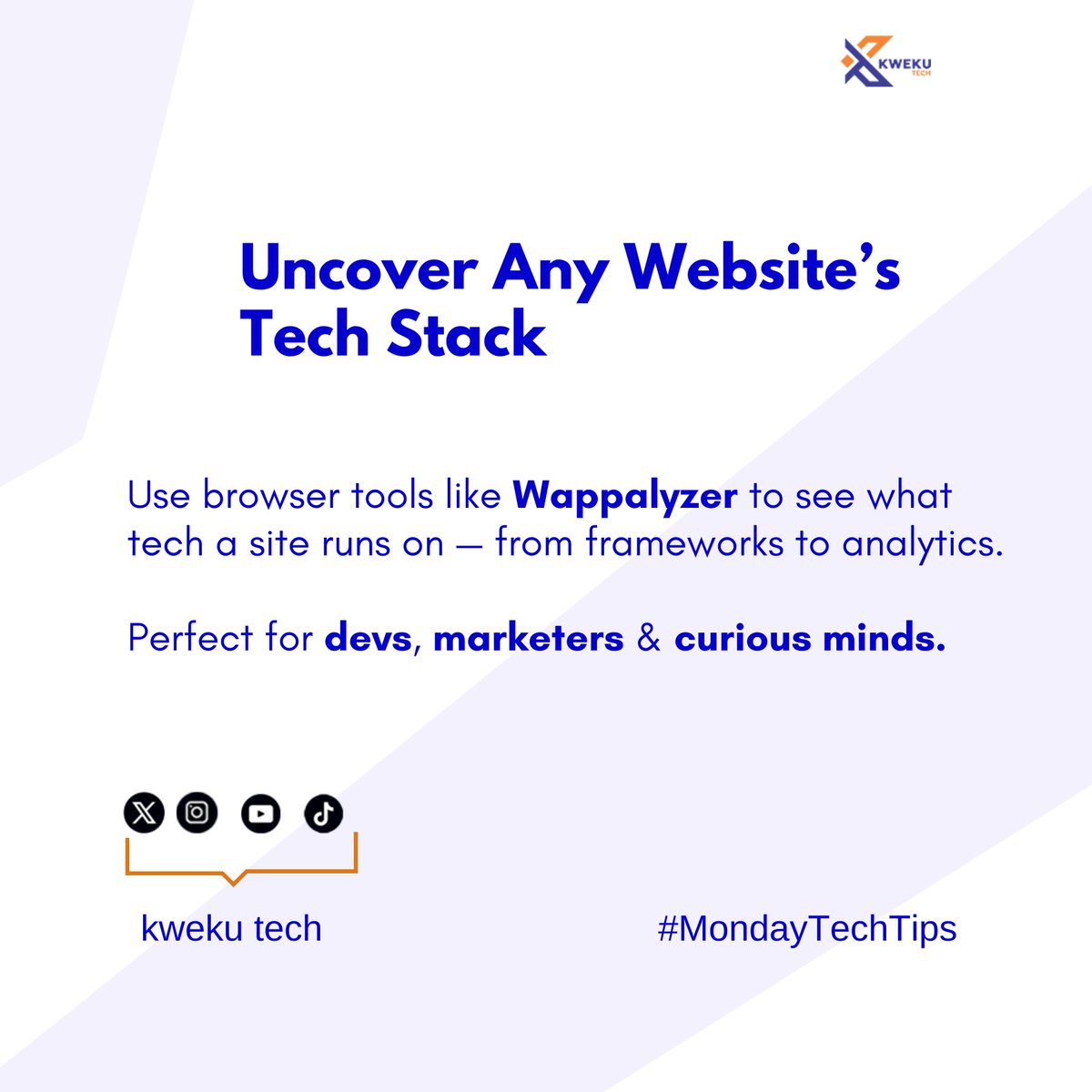 kwekutech's tweet photo. Ever wondered what tech powers your favorite websites?
Use tools like #Wappalyzer or #BuiltWith to uncover frameworks, CMS, analytics, and more.
Perfect for devs, marketers & techies.
#MondayTechTips https://t.co/PnnlgVaikf