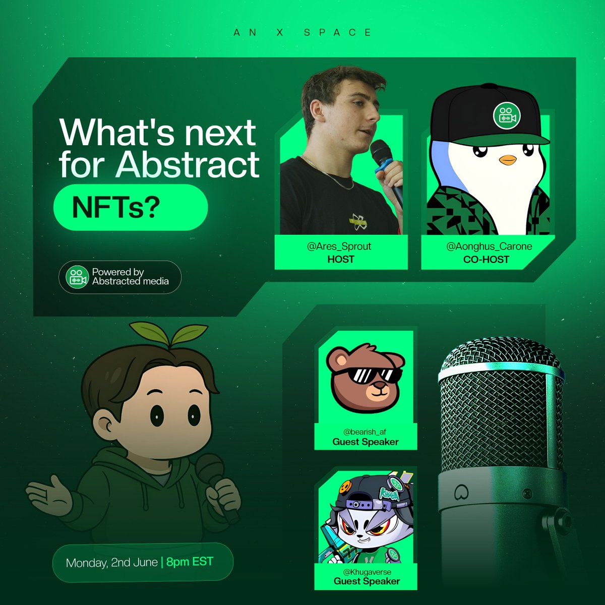 ✳️ ABSTRACTED Ep. 15 ✳️

On this episode of ABSTRACTED we will talk with two special guests <a href="/bearish_af/">BEARISH</a> &amp; <a href="/Khugaverse/">𝗞𝗛𝗨𝗚𝗔</a> about what's next for NFTs, gaming, and everything Abstract!!!

Set your reminder below for 8pm EST to join us 👇