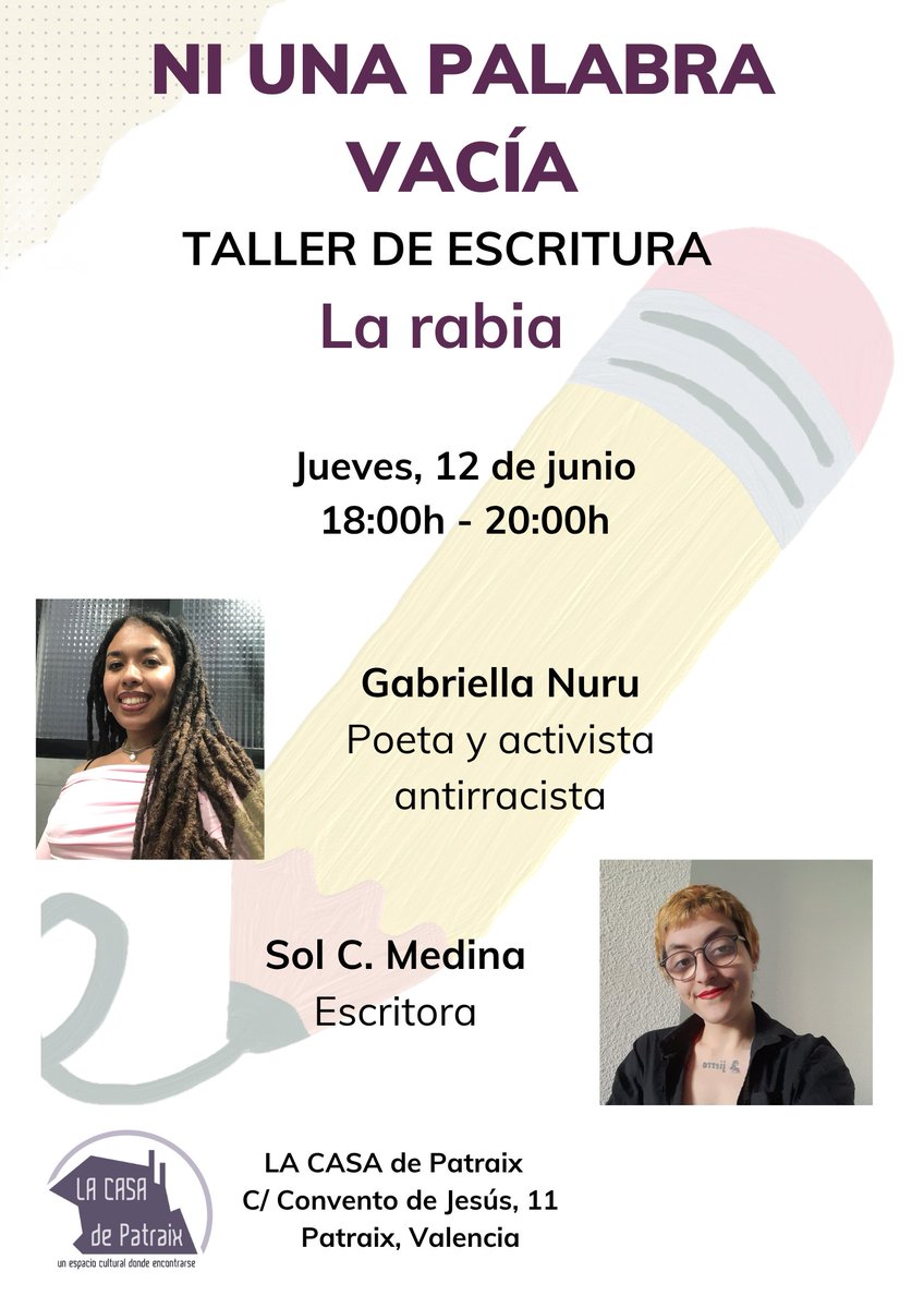 solcmescribe's tweet photo. El jueves 12 de junio vuelve nuestro taller de escritura creativa Ni una palabra vacía, en LA CASA de Patraix, València.

De 18h a 20h, la poeta y activista antirracista Gabriella Nuru y yo guiaremos esta sesión, en que la rabia será la inspiración principal ❤️‍🔥 https://t.co/RUR4GKGQOw