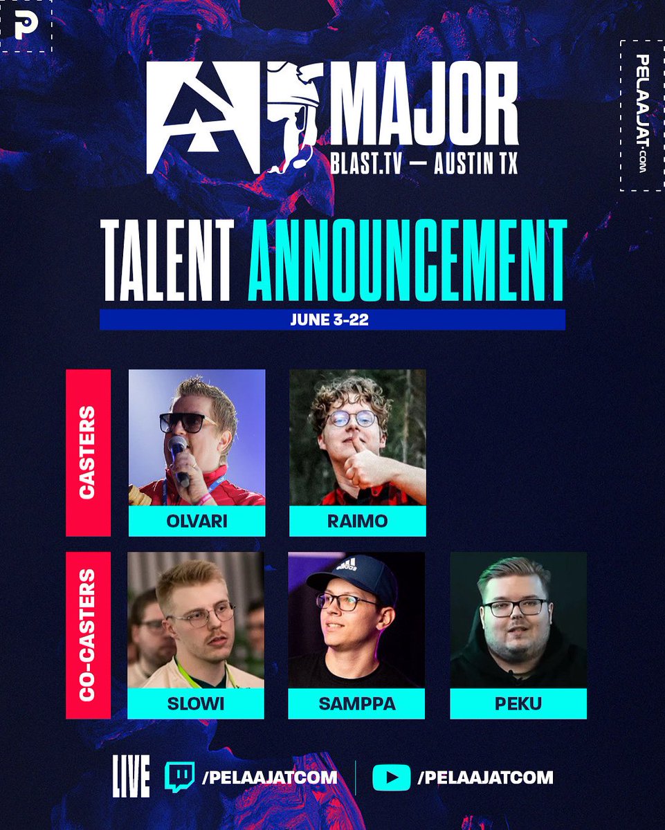 Pelaajat.com (@pelaajatcom) on Twitter photo 🎤Pelaajatcomin Major-talentti! Näillä kavereilla mennään 3.-22. kesäkuuta:
<a href="/ArttuHamalainen/">Kreivi Nicolaus Ludwig von Tsintsendorff</a>
<a href="/Oonraimo/">Aleksi Takkinen</a>
<a href="/sLowiCSGO/">Olli Pitkänen</a>
<a href="/SamppaCS2/">Samu Kylmälä</a>
<a href="/pekuCS/">Petteri Jaakkola</a>
📺twitch.tv/pelaajatcom & Pelcom-tube
#major #BLAST #counterstrike #esportsfi 🎤Pelaajatcomin Major-talentti! Näillä kavereilla mennään 3.-22. kesäkuuta:
<a href="/ArttuHamalainen/">Kreivi Nicolaus Ludwig von Tsintsendorff</a>
<a href="/Oonraimo/">Aleksi Takkinen</a>
<a href="/sLowiCSGO/">Olli Pitkänen</a>
<a href="/SamppaCS2/">Samu Kylmälä</a>
<a href="/pekuCS/">Petteri Jaakkola</a>
📺twitch.tv/pelaajatcom & Pelcom-tube
#major #BLAST #counterstrike #esportsfi