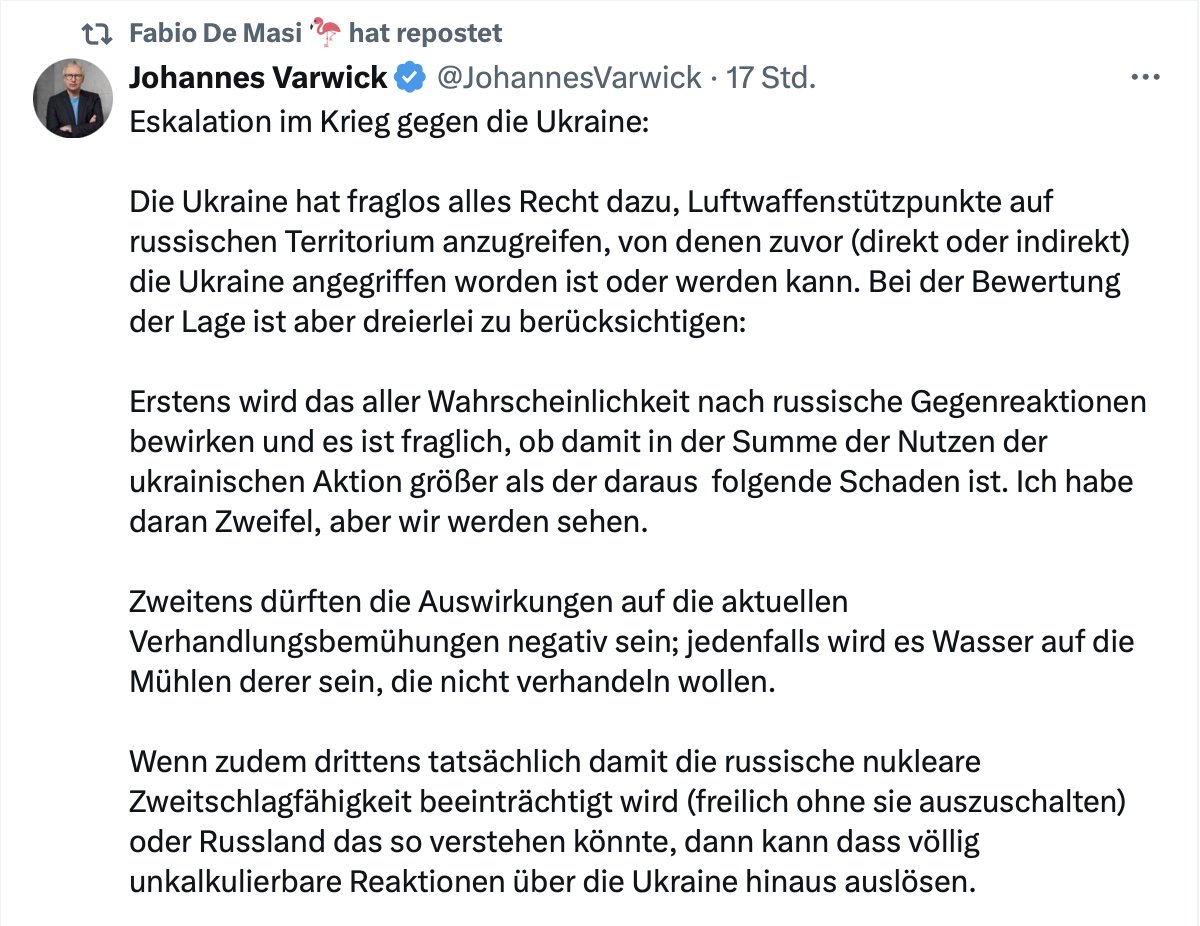 „Es ist schlecht für die Ukraine, militärische Erfolge zu erzielen.“

Während Moskau täglich Zivilisten terrorisiert &amp; Verhandlungen ins Lächerliche zieht, fordern Varwick und De Masi de facto die Kapitulation.

Das ist keine Friedenspolitik.
Das ist Anbiederung an den Aggressor.