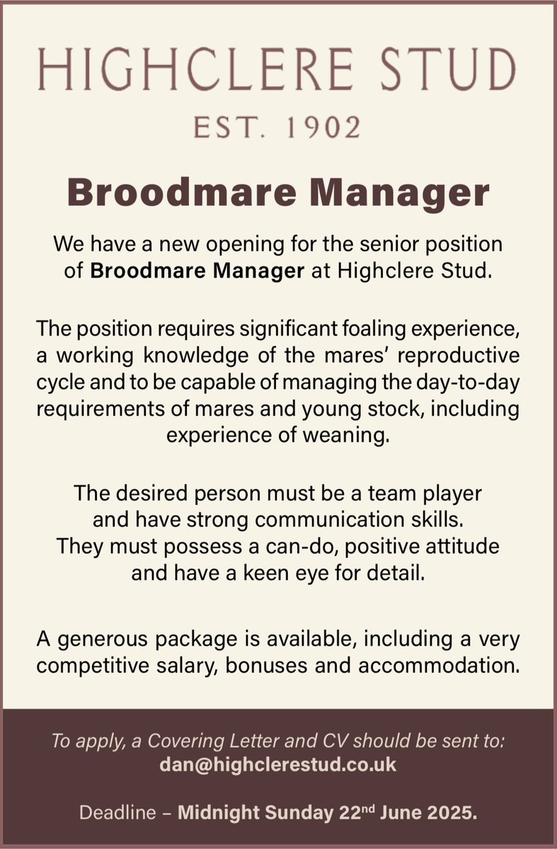 EBN (@bloodstocknews) on Twitter photo Check out this opportunity to join the team at Highclere Stud as they recruit for a Broodmare Manager ๐ซ
A generous package available, including a very competitive salary, bonuses and accommodation.
To apply, send your CV and covering letter to Dan:
๐ง dan@highclerestud.co.uk Check out this opportunity to join the team at Highclere Stud as they recruit for a Broodmare Manager ๐ซ
A generous package available, including a very competitive salary, bonuses and accommodation.
To apply, send your CV and covering letter to Dan:
๐ง dan@highclerestud.co.uk