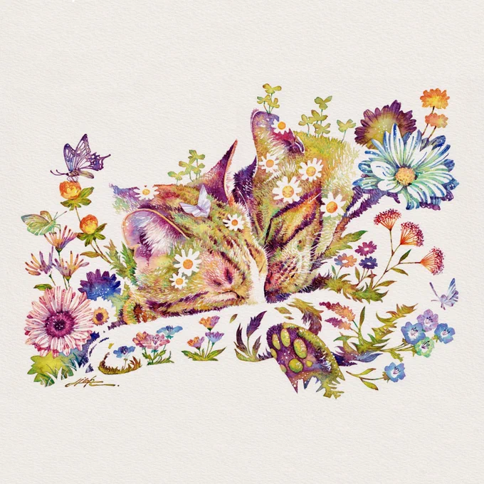 愛咲く #ねこ #水彩 #花