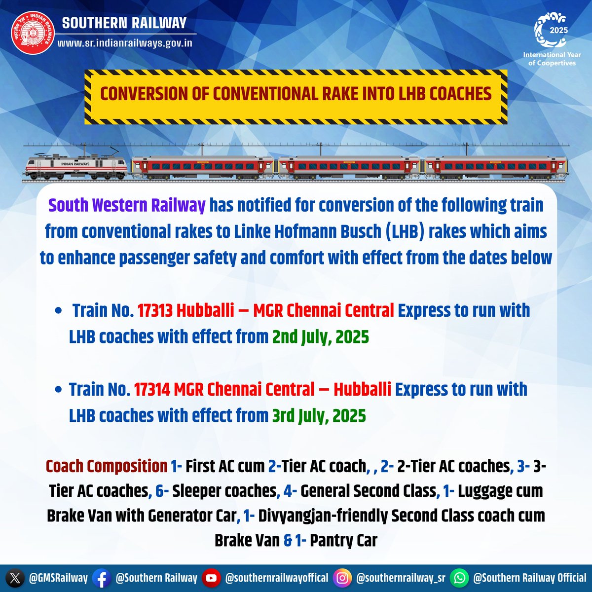 South Western Railway has notified conversion of Train no 17313/17314 Hubballi–Dr MGR Chennai Central – Hubballi Express from conventional rakes to Linke Hofmann Busch (LHB) rakes with effect from Ex Hubballi 2nd July, 2025 &amp; with effect from Ex MGR Chennai Central 3rd July, 2025